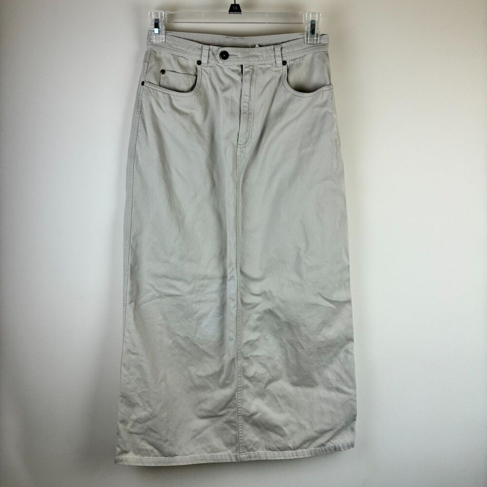 Vintage Liz Claiborne khaki denim maxi skirt five-pocket, high-rise waist SZ 10